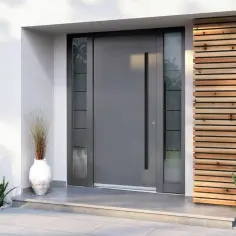 Nowoczesne drzwi aluminiowe zewnętrzne z przeszkleniami i drewnianą okładziną.