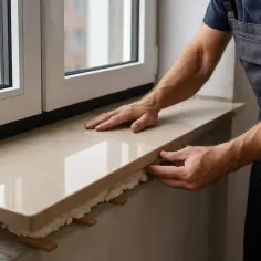 Ręce fachowca montują jasny parapet marmurowy, pokazując jak zamontować parapety marmurowe. Pianka montażowa i kliny podtrzymują płytę.