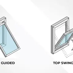Ilustracje pokazują dwa sposoby otwierania okien: "Top Guided" (otwierane do góry) i "Top Swing" (obrotowe).
