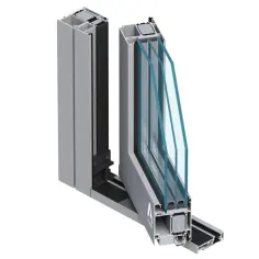Przekrój drzwi aluminiowych wewnętrznych z potrójnym przeszkleniem. Nowoczesne profile zapewniają izolację i estetykę.