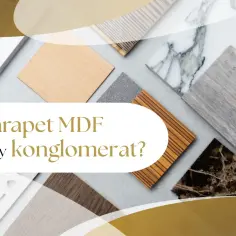 Próbki parapetów z MDF i konglomeratu o różnych wzorach i kolorach.