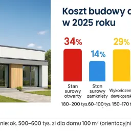 Ile kosztuje projekt dobudowy domu? Wykres pokazuje koszty budowy domu w 2025 roku: stan surowy otwarty, zamknięty, deweloperski, pod klucz.