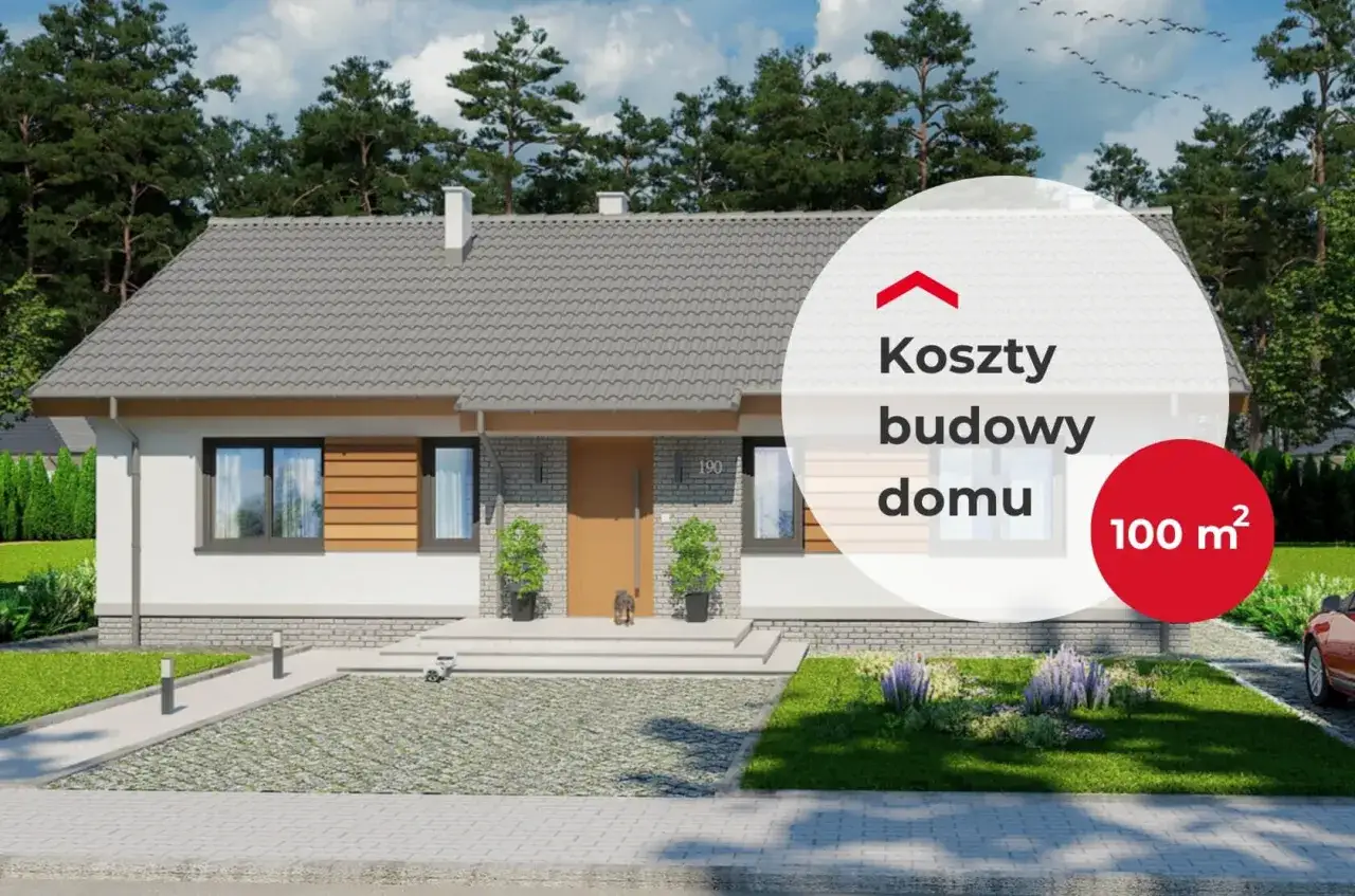 Nowoczesny dom z podjazdem i ogrodem. Na zdjęciu widnieje napis 
