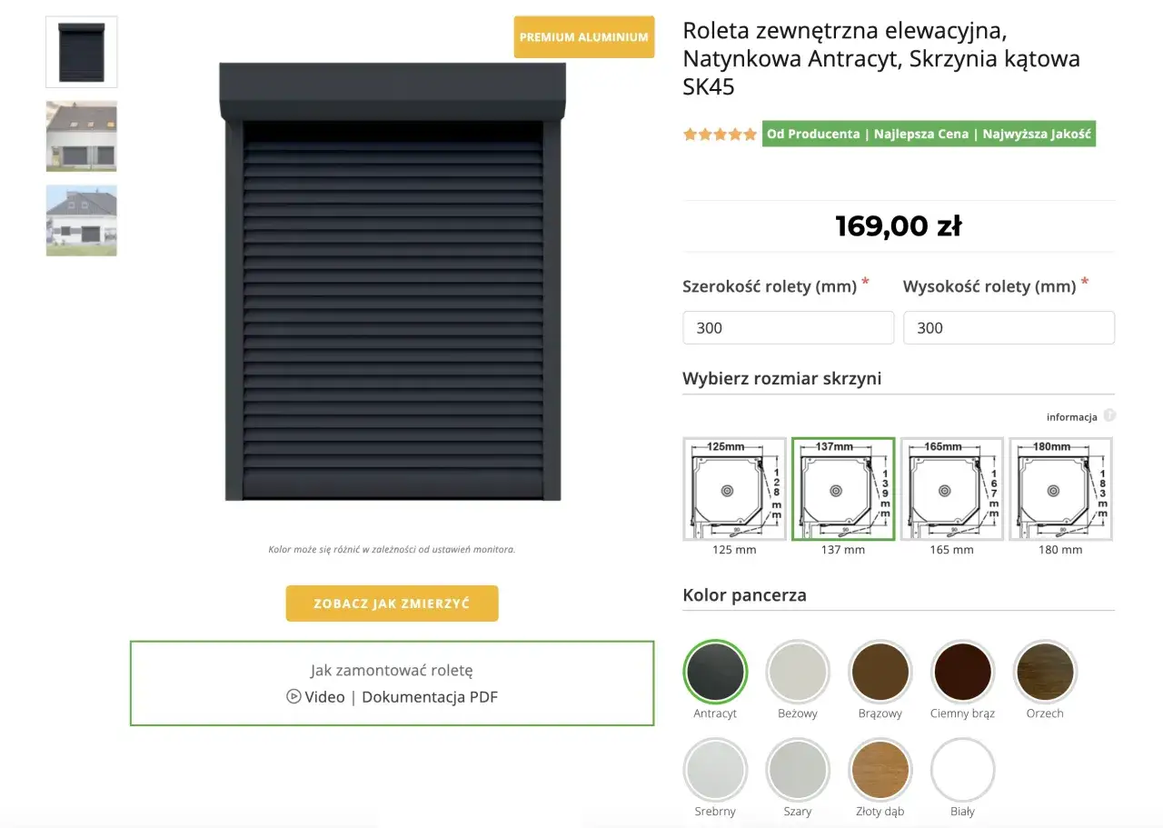 Antracytowa roleta nakładana na okno, z możliwością wyboru rozmiaru skrzyni i koloru pancerza.