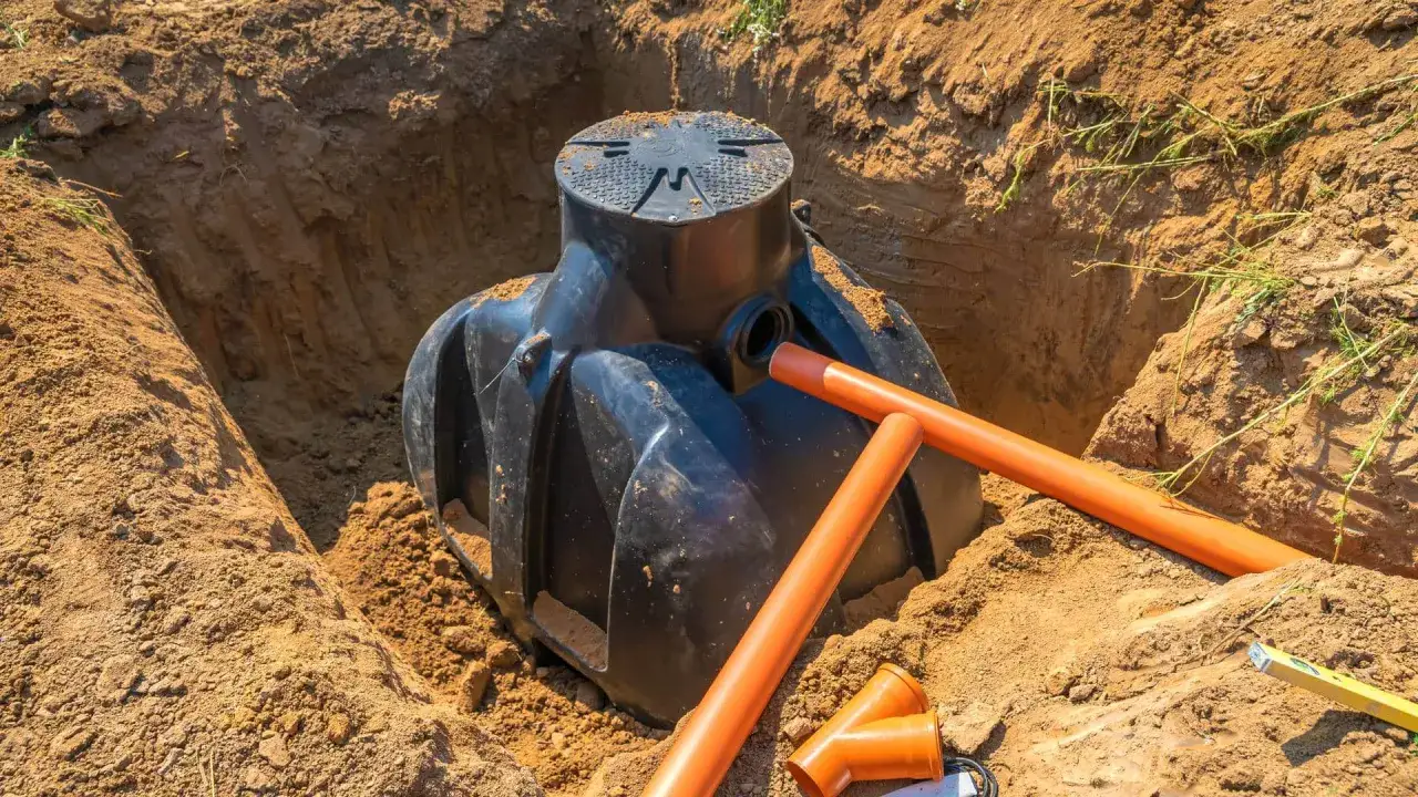 Instalacja szamba w wykopie, pomarańczowe rury i poziomica. Zastanawiasz się, ile kosztuje zrobienie szamba?