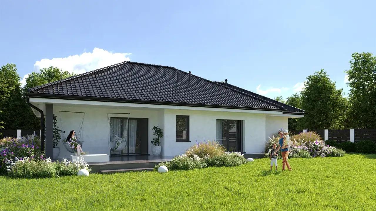 Rodzina cieszy się ogrodem przy nowoczesnym domu. Zastanawiasz się, ile kosztuje rozbudowa domu?