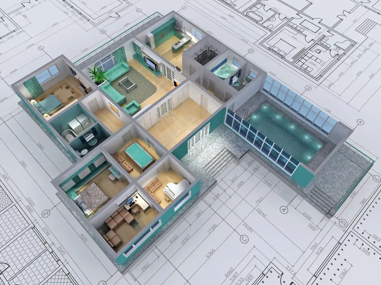 Wizualizacja projektu dobudowy domu z basenem i luksusowymi wnętrzami. Ile kosztuje projekt dobudowy domu?