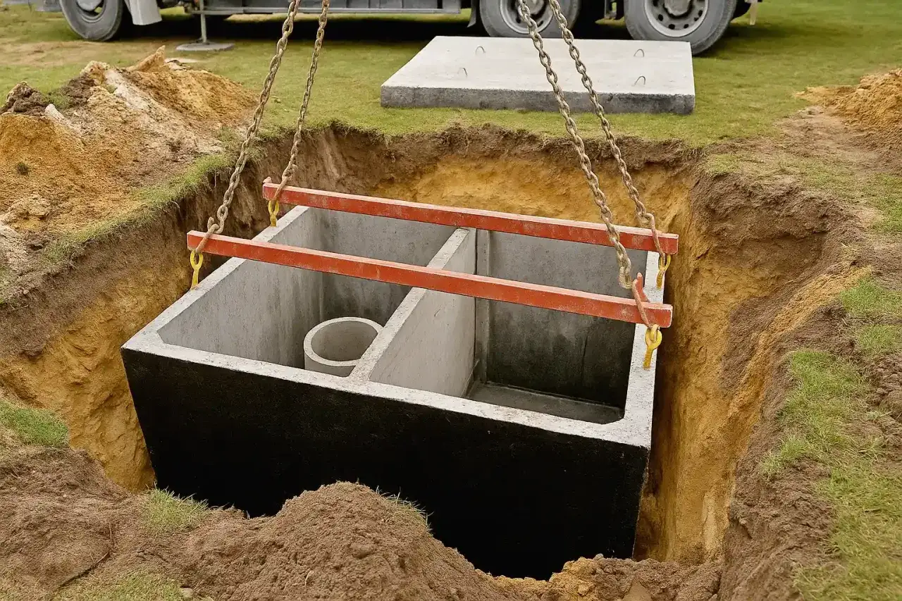 Betonowe szambo jest opuszczane do wykopu. Zastanawiasz się, ile kosztuje zrobienie szamba? To ważna inwestycja.